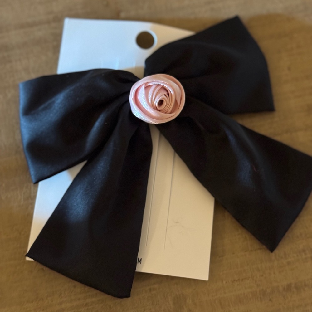 Black Hair Bow with Pink Rose Accent NWT